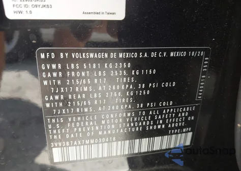 2021 Volkswagen Tiguan 2.0T Se/2.0T Se R-Line Black/2.0T Sel z USA, uszkodzony, nr VIN 3VV3B7AX7MM030418